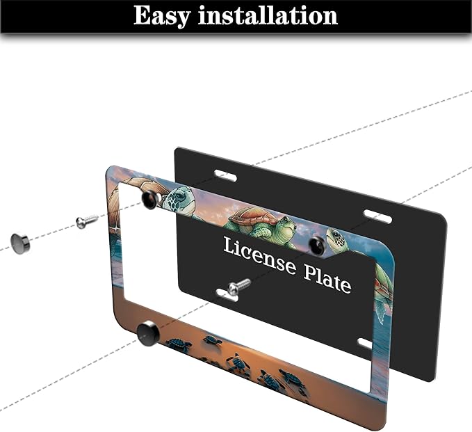 License Plate Frames Multicolor Fun License Plate Frame Protector Turtle Beach and Ocean Universal Aluminum Car Accessory 2 Pack with Screw Covers Set