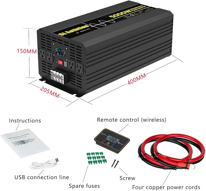 5000W/10000W(Peak) Pure Sine Wave Car Power Inverter 12V DC to 120V AC 60HZ with LCD Display, USB Port, Wireless Remote Control（10M) for Car Home Laptop Truck