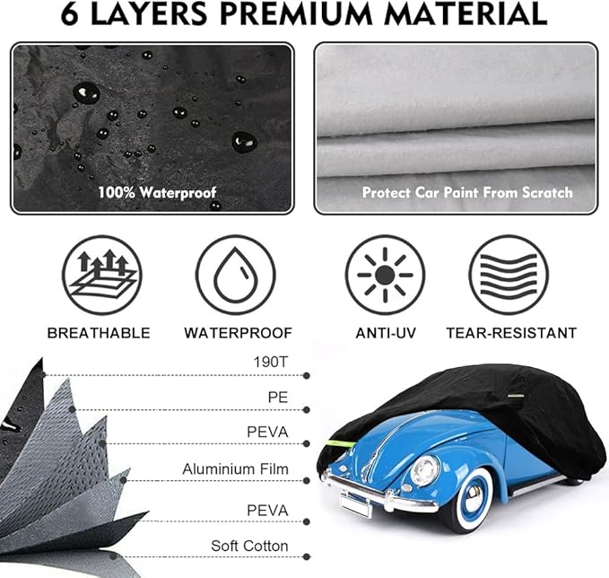 1960-1980 Volkswagen Beetle Sedan 2-Door Saloon Car Cover Waterproof All Weather, with Door Zipper, Windproof Strap, Anti-Theft Lock
