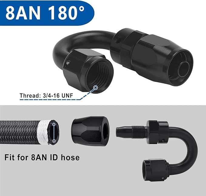 LokoCar 8AN Hose End Fitting 180 Degree Swivel For CPE Braided Hose Black 2Pcs