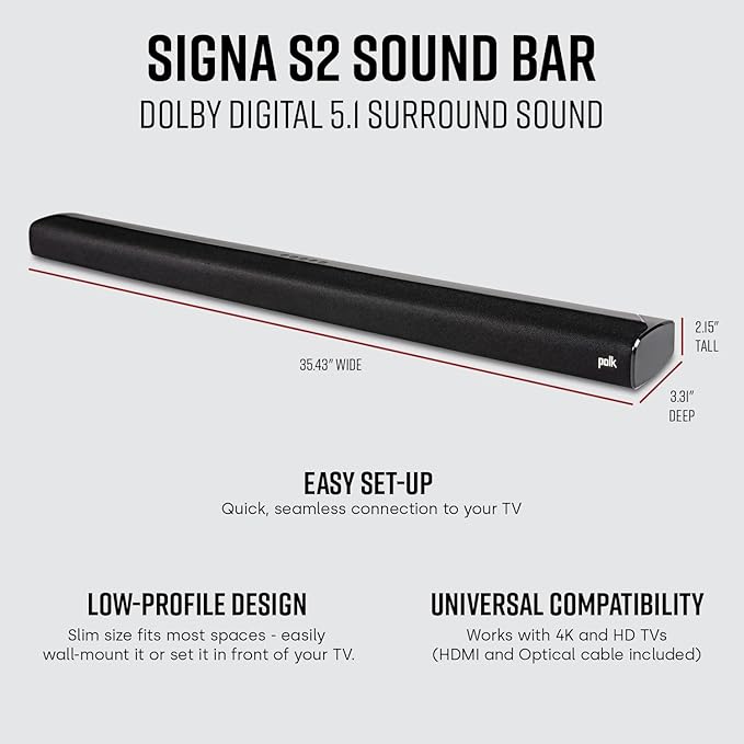 Polk Audio Signa S2 Sound Bar & Wireless Subwoofer – Exclusive VoiceAdjust Technology, Ultra-Slim Design, Works with 4K & HD TVs, HDMI & Optical, Bluetooth, Wireless Streaming