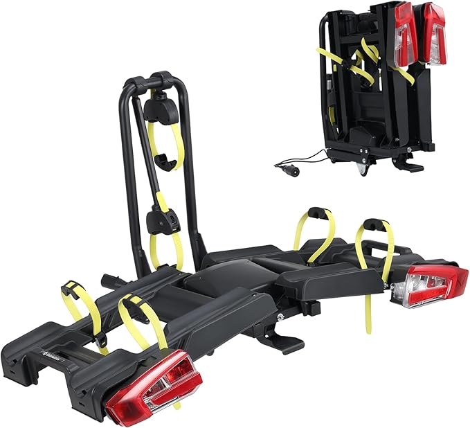 2 E-Bike Foldable Hitch Mount Bike Rack with Light for 2" Receiver SUV & Trucks, Up to 4'' Fat Tire, Lockable Hitch Racks for E-Bike with Ramp and Wheels, 180 LBS Capacity
