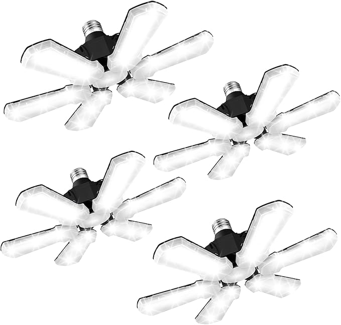 TANBABY Upgrade LED Garage Lights 4 Pack, Total 60000LM Deformable Garage Light Ceiling Shop Light,150W E26/E27 LED Light Garage Lighting with 6+1 Adjustable Panels Garage Bulb for Attic,Basement