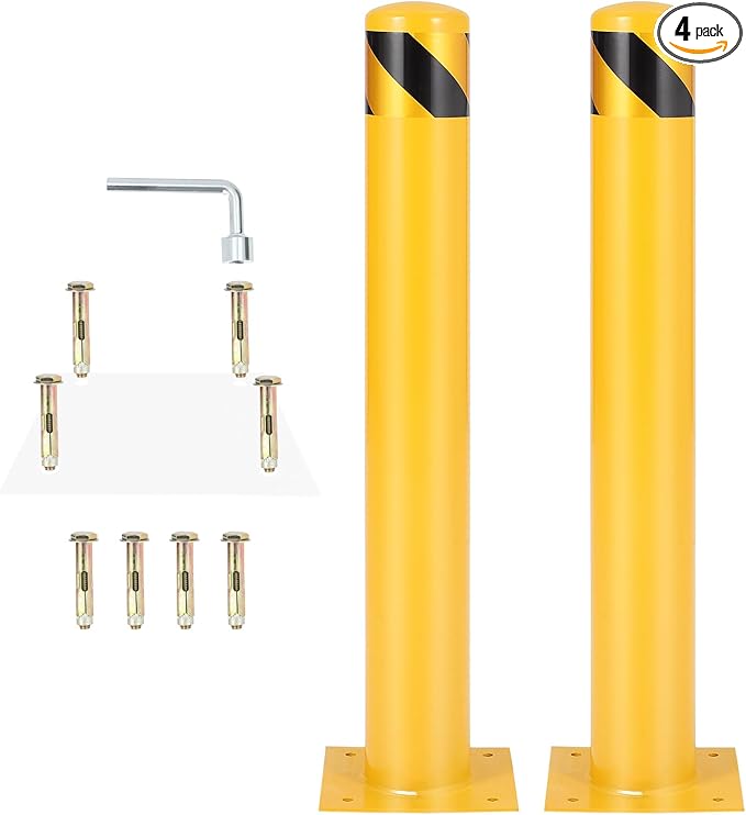 4.5x42 Inch Safety Bollard Post - Yellow Steel Bollard with Anchor Bolts (4-Pack) for Parking Lots, Walkways & Traffic Areas