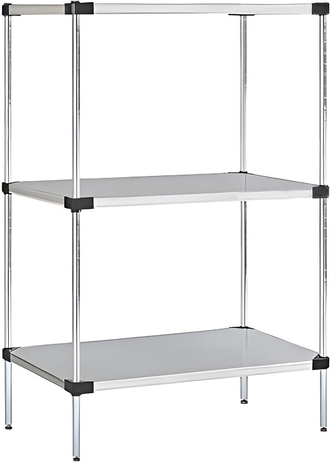 Omega Solid Stainless Steel Shelves, 21" Deep x 24" Wide x 34" High 3 Tier Heavy Duty Solid Shelving Unit for Kitchen Garage Office Restaurant Warehouse 800-lb Per Shelf Weight Capacity