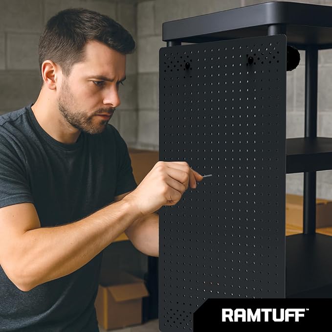 Ramtuff Universal PegBoard Kit for Plastic Shelving- Garage Storage Organizer with 14 Pegboard Accessories - Easy to Install