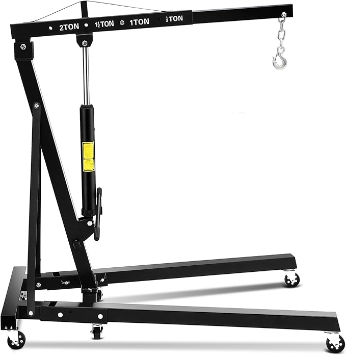 2 Ton Engine Hoist, Hydraulic Cherry Picker Engine Hoist Lift, 4400LBS Heavy Duty Crane Lifter with 6 Casters and Telescopic Boom, Foldable & Portable Design, for Garage, Workshop, Warehouse (Black)