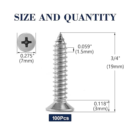 #7 x 3/4" Wood Screw 100Pcs 18-8 (304) Stainless Steel Screws Flat Head Phillips Fast Self Tapping Drywall Screws by SG TZH