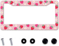 Cute Strawberry Printed License Plate Frame, Strawberry and Flowers Frames Holder Covers, Metal Aluminum Rustproof Car Accessories for Us Canada Standard Women Men 2 Holes with Screw Caps