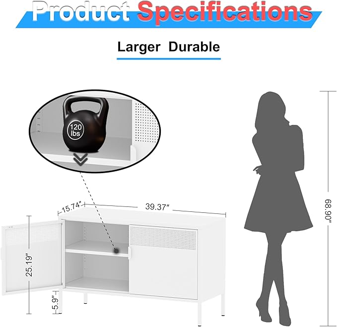 2 Door Storage Sideboard, Metal Storage Cabinet with 2 Adjustable Shelf,Multipurpose Metal Accent Cabinet for Office Home,Music Studio (White, 25''H)