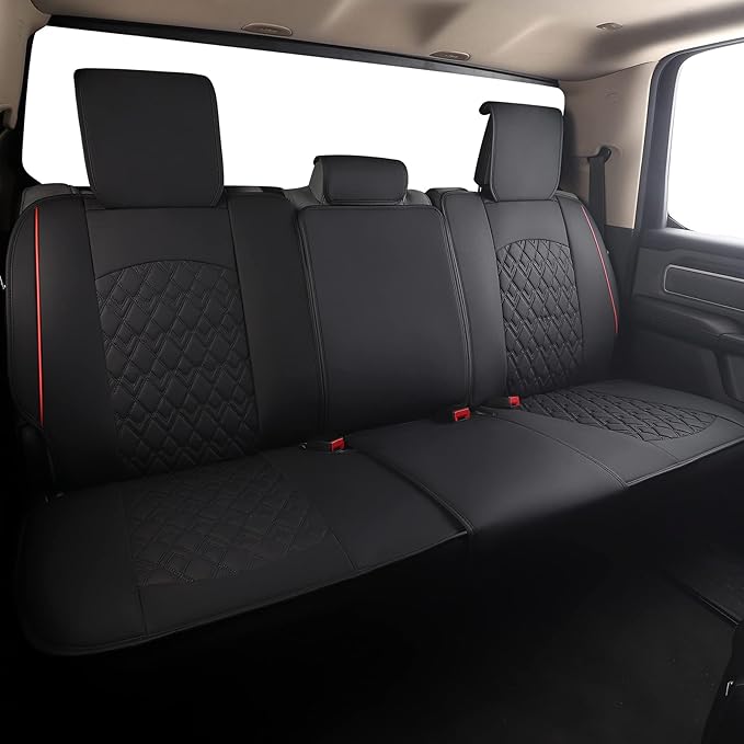 JOJOBAY Car Seat Covers for Dodge Ram Full Set,Fit Ram 2009-2025 1500/2500/3500 Pick-up Truck,Crew,Regular,Quad,Mega Cab,Waterproof Leather Seat Covers Protectors（5 PCS Full Set,Black/Red）