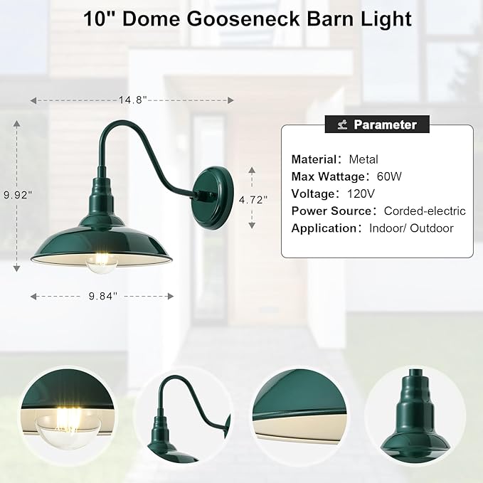 10'' Dome Outdoor Gooseneck Barn Light Fixture with Wall Mount, Green Exterior Porch Barn Door Lighting, Farmhouse Style Outside Porch Gooseneck Wall Sconce for Patio, Yard, Garage, House