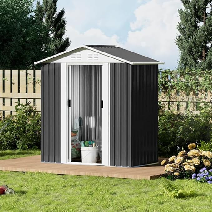 5x3 FT Outdoor Storage Shed, Metal Garden Shed with Frame Floor, Small Outside Tool Shed with Lockable Sliding Doors & 4 Air Vents, Waterproof Storage Building for Backyard, Patio, Lawn, Gray