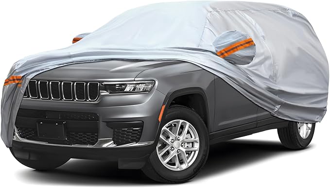 KEYOOG 6-Layer Full Car Cover is All-Weather Waterproof, Universal in All Seasons, Snow Prevention, Rainproof, Acid Rainproof, Sunscreen, Ultraviolet-Proof, Fit SUV 205"-216" Orange Reflective Strip