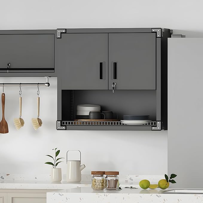 Garage Wall Cabinet,Metal Wall Cabinet with Doors and Adjustable Shelves,Steel Utility Wall Mounted Tool Cabinets for Home,Office,Kitchen,Warehouse