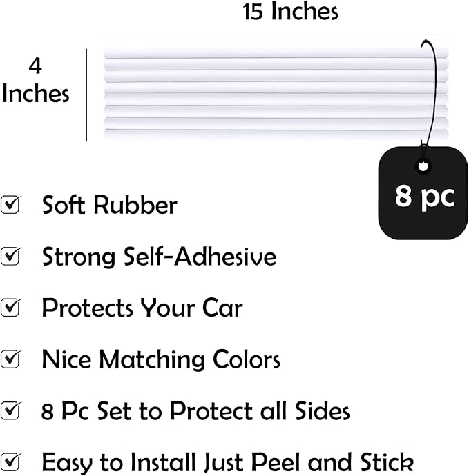 Rubber Bond Garage Wall Protectors 8 Pack - 4x15 Inches Strong Self-Adhesive Rubber Bumper Protectors for Garage Walls - Anti-Scratch and Waterproof Garage Wall Protector (White)