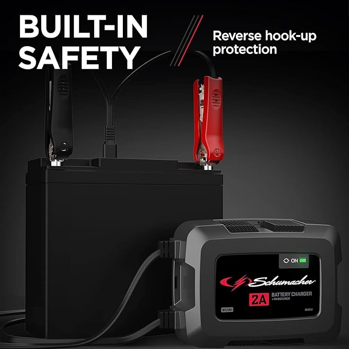 Schumacher Electric Fully Automatic 2A 6V / 12V Battery Charger & Maintainer - Multi-Stage Smart Charging with Quick-Connect Clamps - Car Battery Charger for Motorcycles, Lawn Mowers & More - SC1588