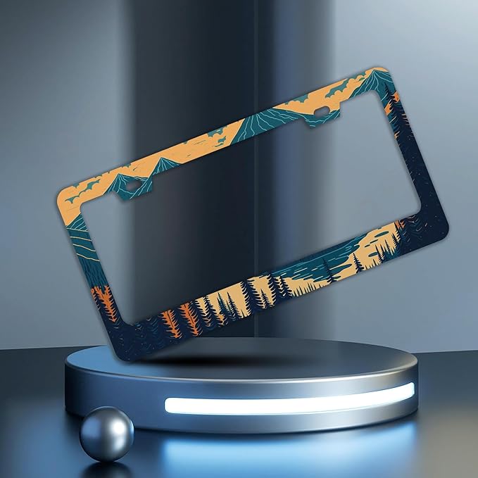 Mountains Forest License Plate Frames - 2 Pcs Set 2 Holes Stainless Steel Metal Novelty Auto Car Accessories Decoration License Plate Frame Cover Size 6.3" x 12.2" Fit US Vehicles for Women Men Gift