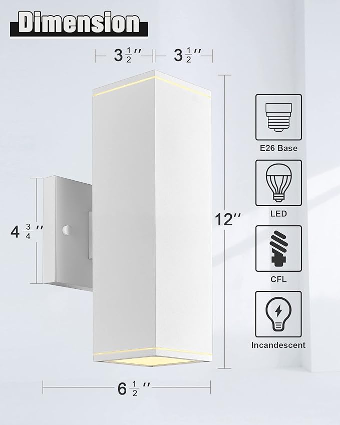 Ken & Ricky Outdoor Wall Lights, Modern Exterior Up and Down Wall Sconces, Square Porch Lights Outdoor Wall with Sanded White Finish - 2 Pack