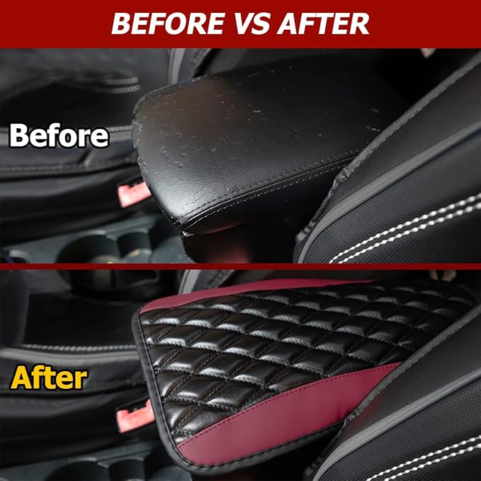 Car Center Console Cushion Pad, Universal Leather Waterproof Armrest Seat Box Cover Protector,Comfortable Car Decor Accessories Fit for Most Cars, Vehicles, SUVs (Wine Red)