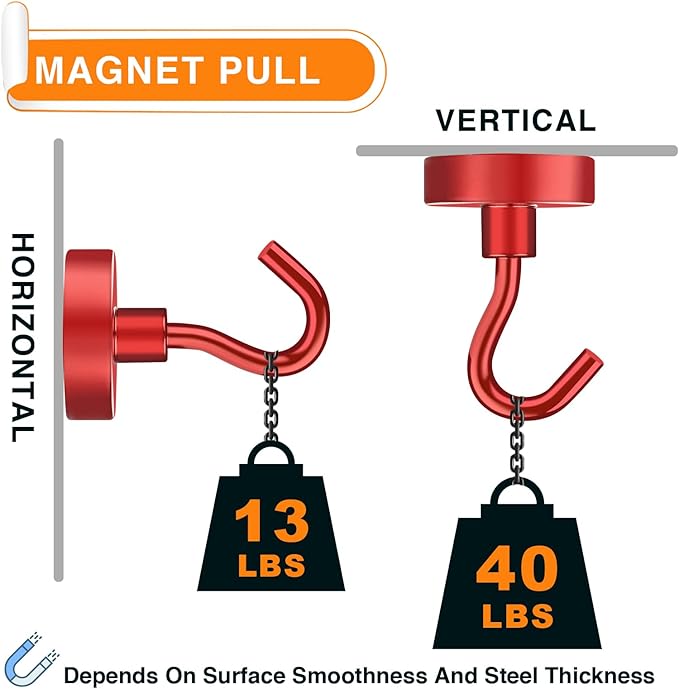 MIKEDE Magnetic Hooks Heavy Duty, 40 Lbs Magnet with Hooks for Cruise Cabins, Strong Magnets Neodymium for Hanging, Magnetic Wall Hooks for Refrigerator, Locker, Workplace(Red, 4 Pack)