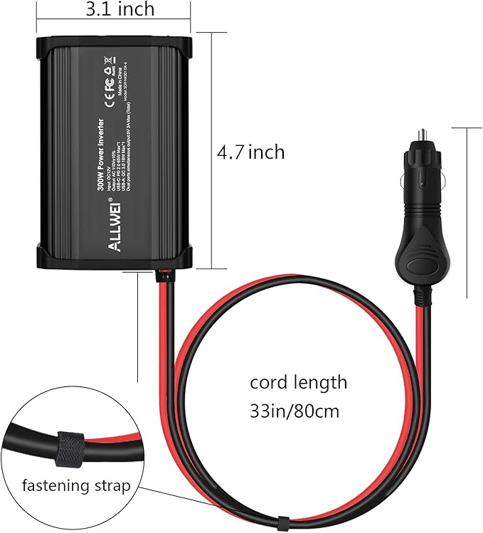 ALLWEI 300W Car Power Inverter DC 12V to 110V AC for Vehicles Converter USB-C PD65W/18W Fast Charging Ports Car Charger Adapter (Black)