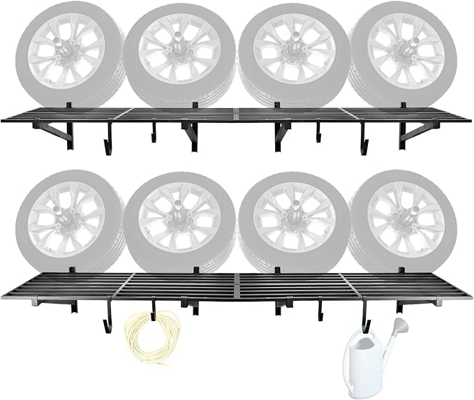 2 Pack Heavy Duty Garage Wall Shelving, 2' x 4' Wall Mount Storage Shelf, Holds 200 lbs Each, Garage Shelving Wall Mounted, Storage Rack with Hooks (Black)