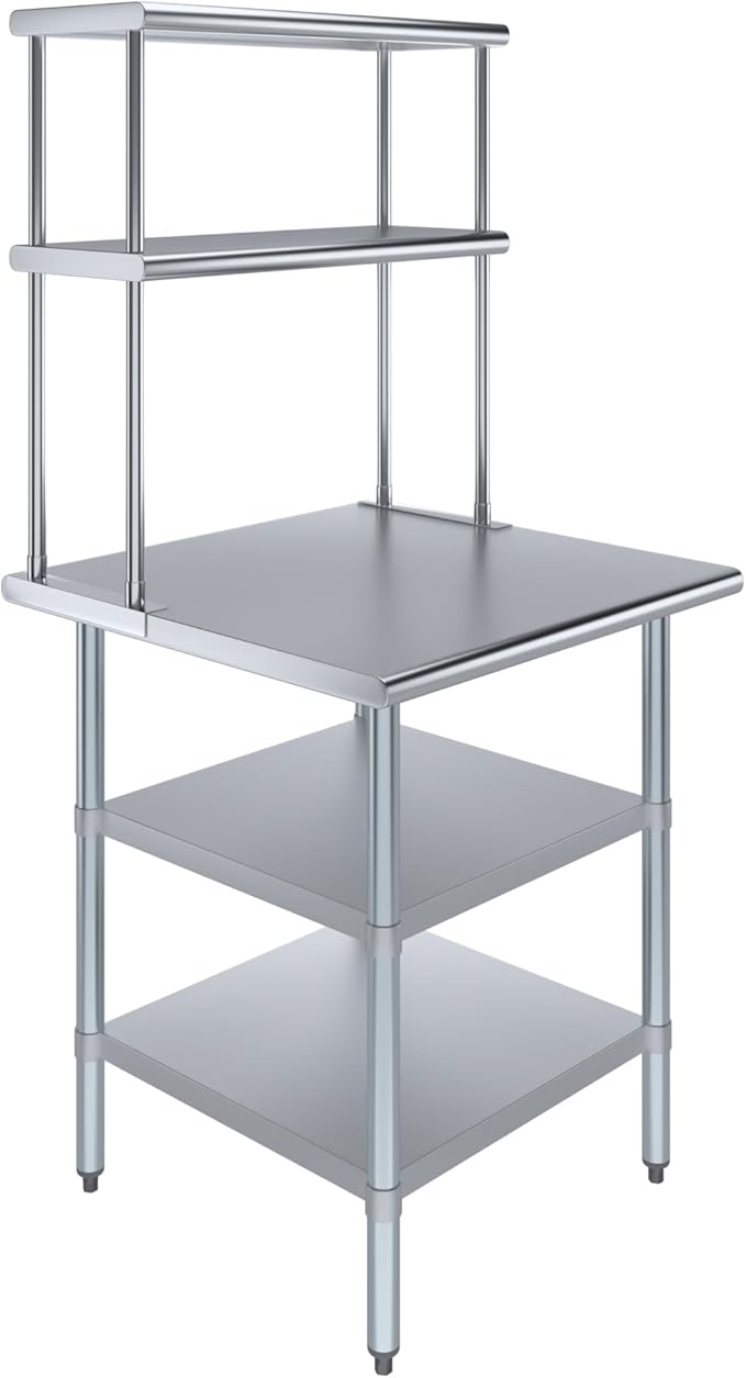 Amgood Stainless Steel Work Table with 2 Shelves | Metal Kitchen Prep Table & Shelving Combo (30" x 30" Table with 2 Shelves + 12" Overshelf)