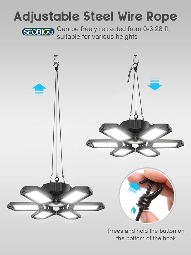 SEOBIOG LED Garage Lights 4 Pack, 200W 20000LM Plug in Linkable LED Shop Light, 6500K Ceiling Light Fixtures with 6+1 Deformable Panels for Garage, Work Bench (Built-in ON/Off Switch)