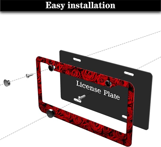 License Plate Frame Red License Plate Protector American Rose Red Rose Flower Aluminum Metal Car Accessory 2 Pack with Screw Covers Set