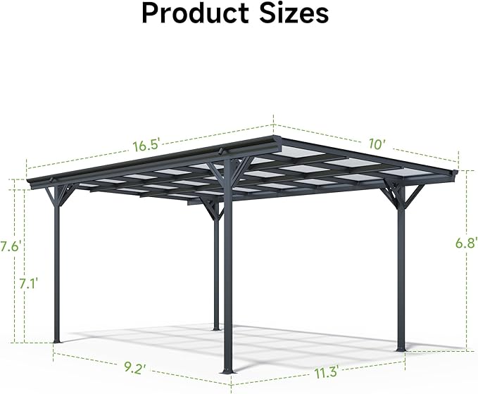 Real Relax 10×16ft Heavy Duty Carport, Pitched-Roof Polycarbonate Panel Canopy, Garage for Trucks, SUVs and Boats, All-Weather Outdoor Storage Car Port, Gray