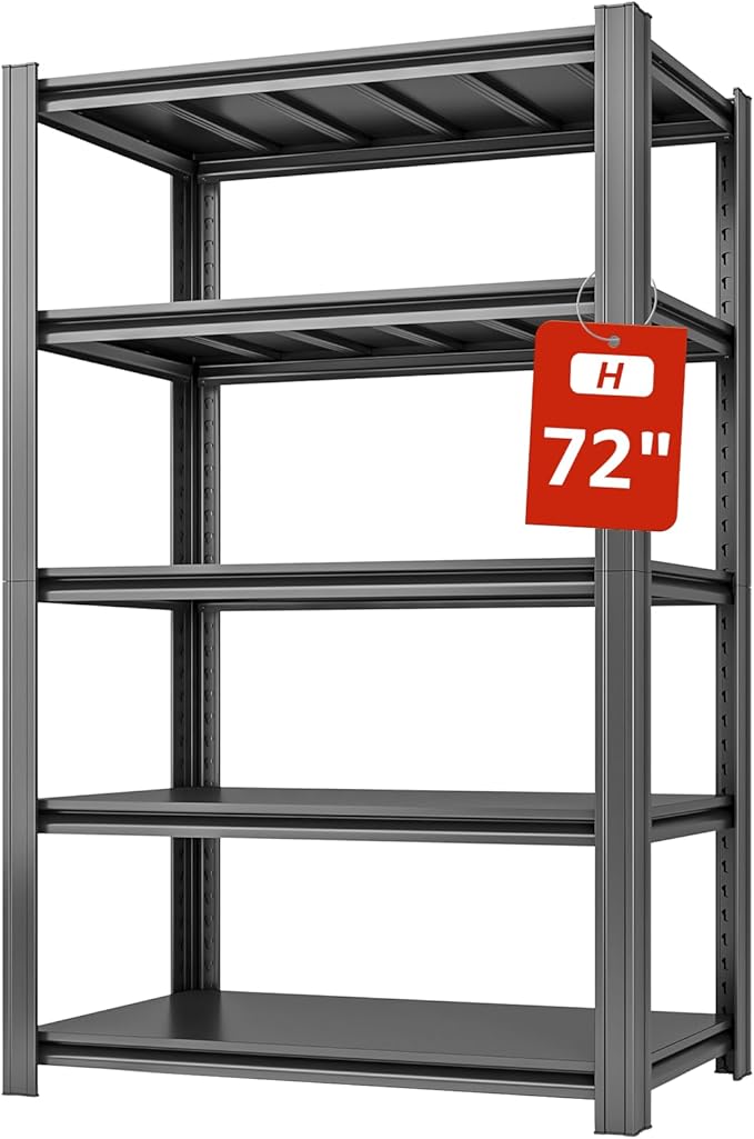 5 Tier Metal Shelving Unit, 72" H x 35.5" W Adjustable Storage Shelves, Heavy Duty Garage Shelves for Warehouse, Basement, Kitchen, Pantry, Living Room, 2500LBS, Black, 15.75" D