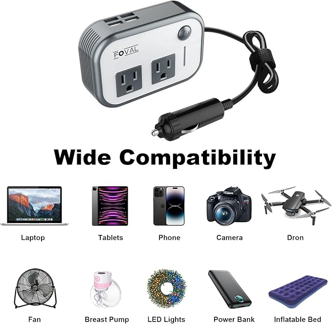 200W Car Power Inverter, FOVAL 12V DC to 110V AC Car Inverte with 4 USB Ports Car Outlet Adapter, Power Inverter for Vehicles, Car Plug Adapter Outlet for Laptop Computer Charger