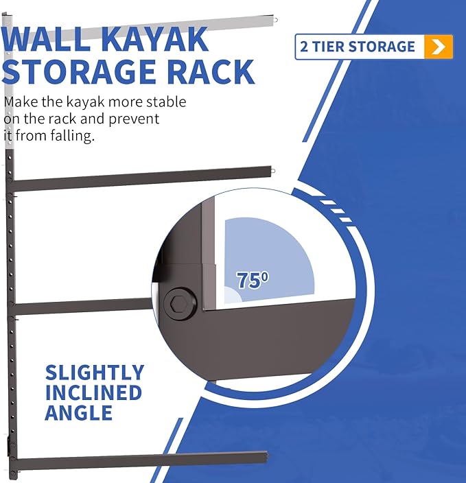 Wall Mounted Kayak Storage Rack, Kayak Racks for Outdoor Storage, Kayak Wall Mount 4 Tier Adjustable Surfboard Paddleboards Holder, Holds Up to 220 lbs