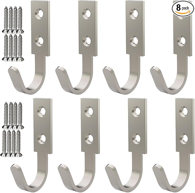Hooks for Hanging Stainless Steel Heavy Duty Coat Hook Wall Hooks Robe Hanger Hooks Hanging Hat Key Holder for Towel, Bag Indoor Outdoor (Silver-Square-2 Hole, 2.5x1.3inch,8pcs)