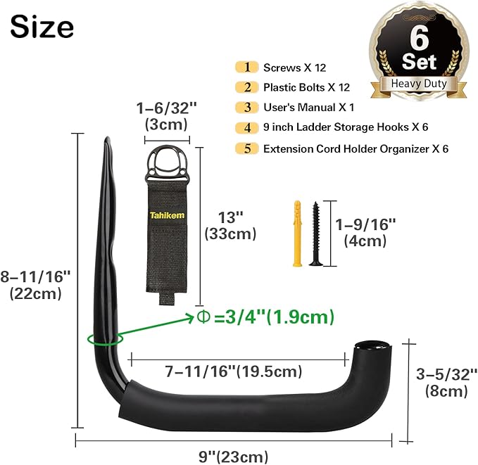 6 Set Garage Wall Mounts, 9 Large Wall J Hooks, Black - Heavy Duty Extension Cord Hangers for Ladders, Mowers, Cables
