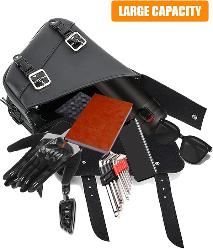 Motorcycle Saddle Bags Leather Motorcycle Solo Swing Arm Bag For Softails Sportsters Choppers Waterproof Side Bags (Black - Left Side, 11.5" x 10.25" x 3.5")
