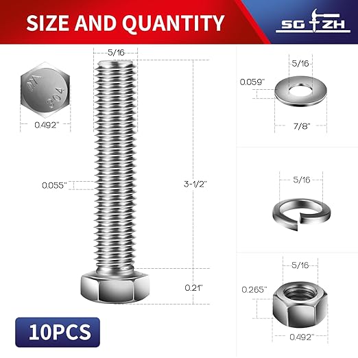 5/16-18 x 3-1/2" Hex Head Screw Bolt, Nuts, Flat & Lock Washers, 10Pcs 18-8 (304) Stainless Steel, Fully Threaded, by SG TZH