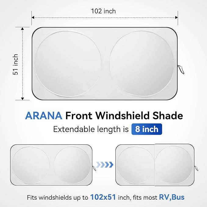 ARANA RV Windshield Sun Shade with UV Protection, Foldable Sunshade for RV Front Window, Retractable Windshield Cover Sun Shades Keep Car Interior Cool, Fit RV, Bus,Motorhome, Large 102"x51"