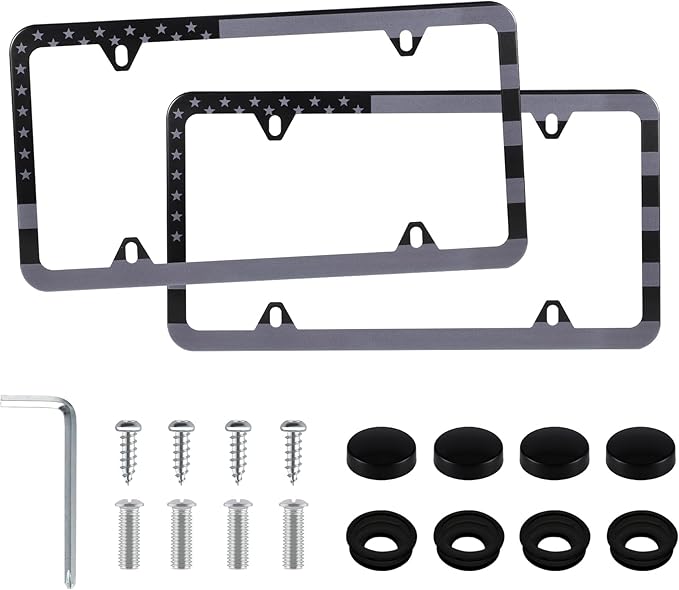 LivTee American Flag License Plate Frames, 4 Holes Stainless Steel License Plate Covers, 2PCS Car License Plate Holder, Automotive Exterior Accessories, Black-Gray