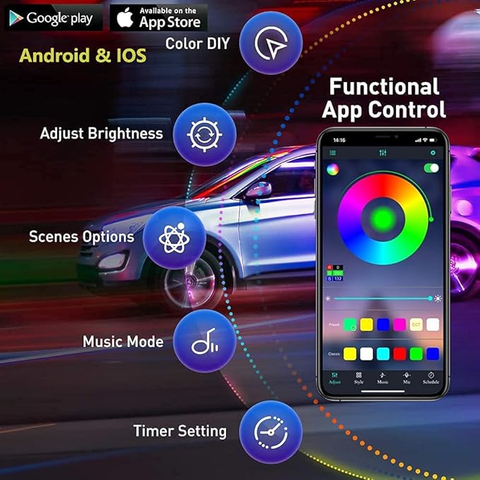 Exterior Car LED Strip Lights with App and RF Remote Control, 16 Million Colors Underglow Kit
