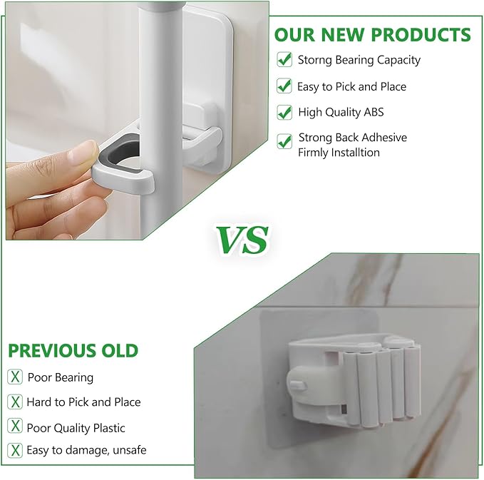 6 pack Broom Holder Wall Mount Mop Holder Broom and Mop Gripper Self Adhesive Peel and Stick Anti-Slip Mop Handle Hanger Household Cleaning Organizer, Holds up to 6 lb