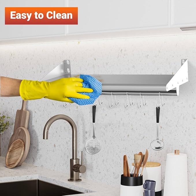 Skyflame 12" x 36" Wall Shelf with 6 Hanging Hooks for Storage, Stainless Steel Commercial Shelving with Side Guards for Bar, Utility Room, Kitchen, Garage