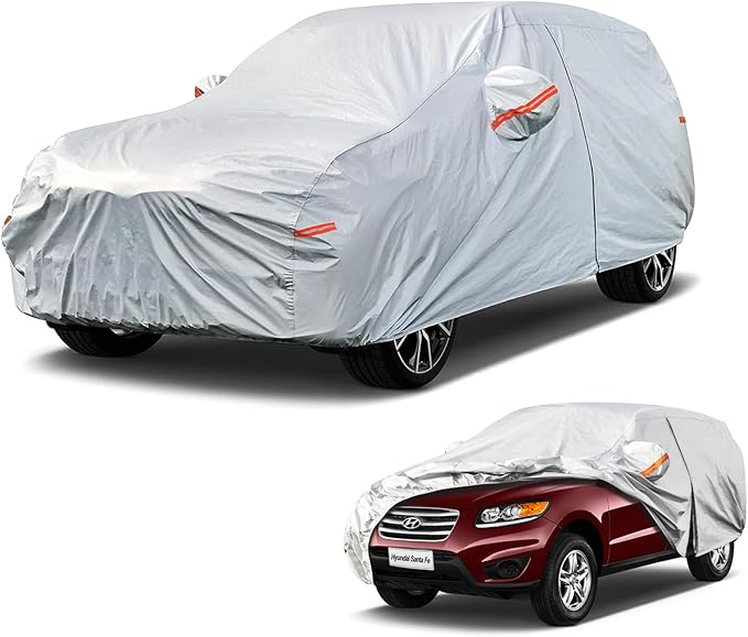 Kayme 6 Layers SUV Car Cover Custom Fit for Hyundai Santa Fe (2006-2025) Waterproof All Weather for Automobiles, Outdoor Full Cover Rain Sun UV Protection.Silver