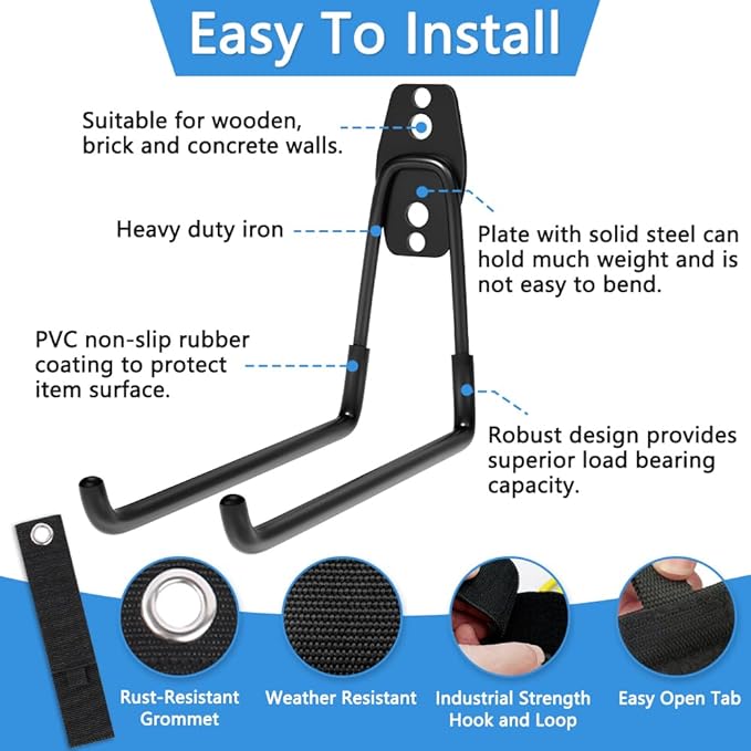 Garage Hooks Heavy Duty Hooks,7.4 inch Wall Mount Hanger Rack Garage Wall Heavy Duty Storage Hangers Wall Mount Organizer to Hang Chairs, Strollers,Power Tools, Garden Tools,Tire and More (4 pack)