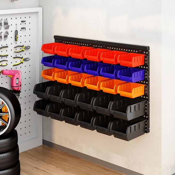 Wall Mounted Storage Bins Parts Rack 4 Colors Bin Organizer Garage Plastic Shop Tool, Garage Organizers and Storage (Style-Classic) 25.2"*16.2"