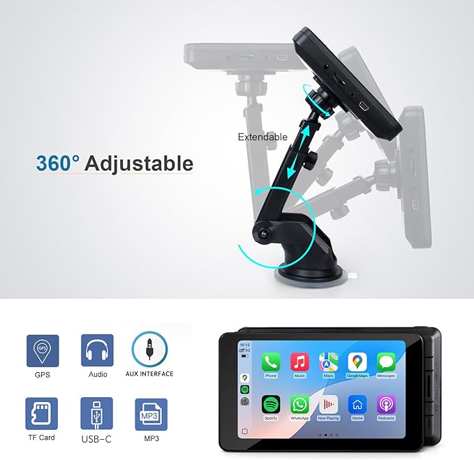 Wireless Car Stereo Compatable with Apple CarPlay and Android Auto, 7-inch Touch Screen in Car FM Transmission, with 5.0 Bluetooth Hands-Free/Mirrored Projection/Portable Car Stereo for All Vehicles