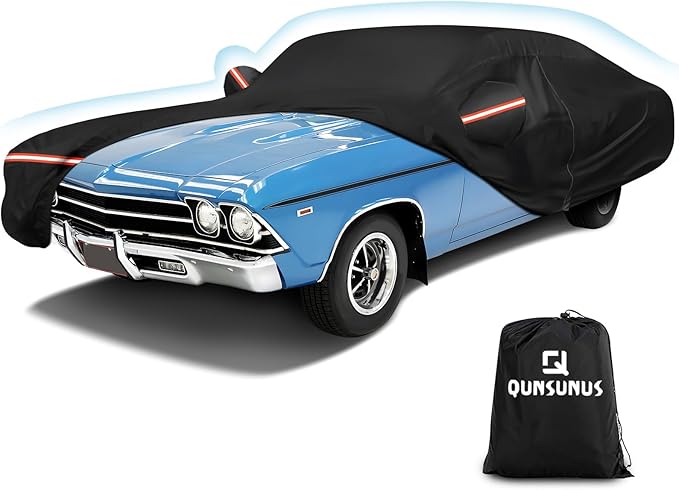 QUNSUNUS Waterproof Car Cover for Chevelle Malibu SS Sedan/Coupe 1964-1972, Outdoor Car Cover with Zipper, Full Exterior Car Covers for Automobiles All Weather with Wind, Sun, UV and Dust Protection
