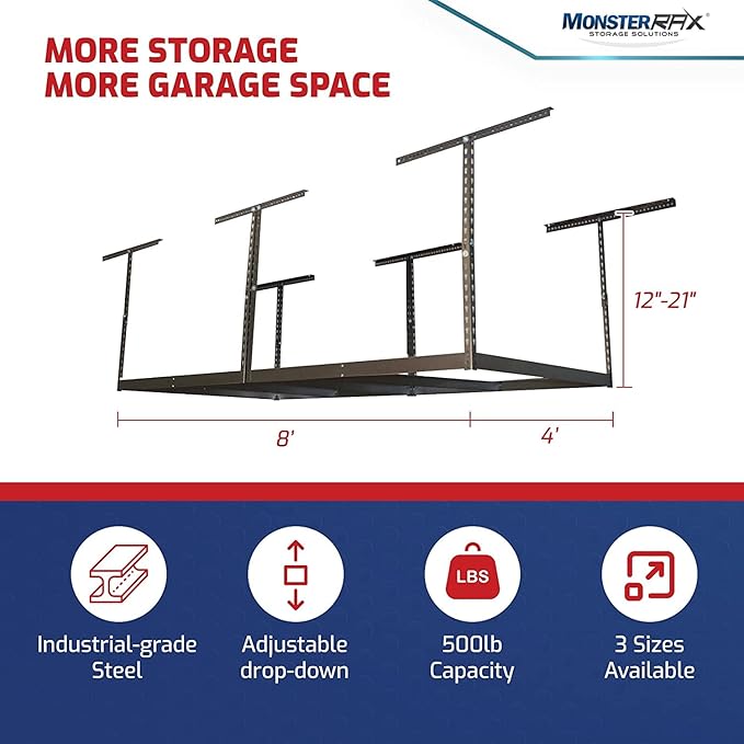 MonsterRax 4x8 Overhead Storage Rack Frame Kit - Hanging Storage Shelves, Ceiling Storage Rack System, Overhead Garage Organizers - (White, 12"-21")