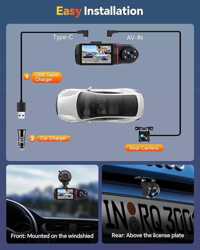 Dash Cam Front and Rear Inside, 1080P 3 Channel Dash Camera for Cars with 64GB Card, Super Night Vision Dashcam, Car Camera with Loop Recording, G-Sensor, WDR, 24H Parking Monitor